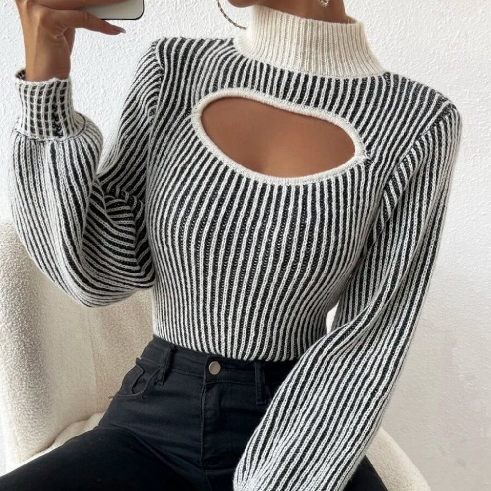 Striped Mock Neck Cut Out detail long sleeved knit Sweater top - Picture 6 of 6